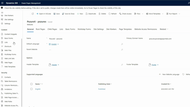 Basic Form Metadata tab selected within a basic form record in the Power Pages Management app