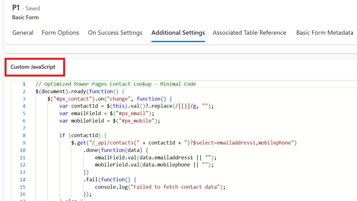 Additional Settings tab of a form in the Power Pages Management app, showing the Custom JavaScript section