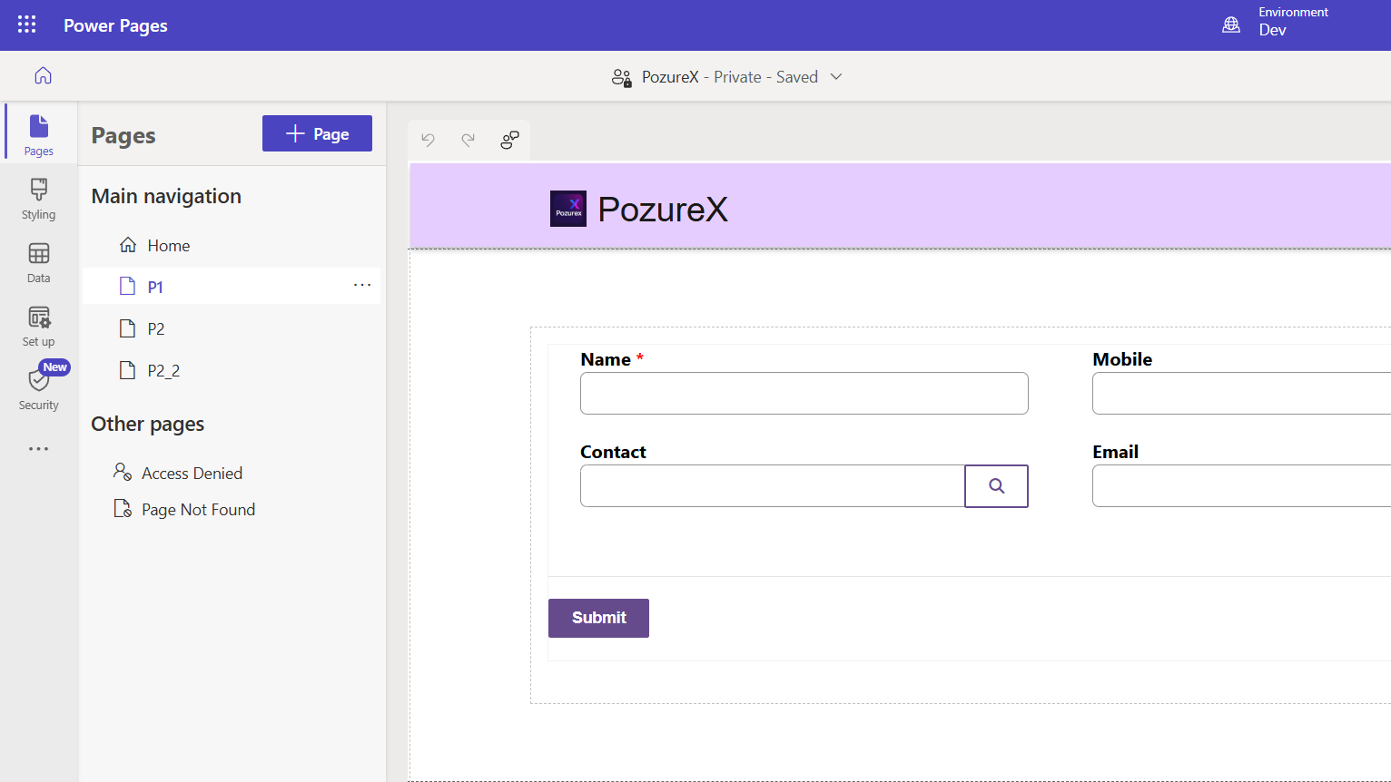 Power Pages Design Studio interface showing the site editing environment