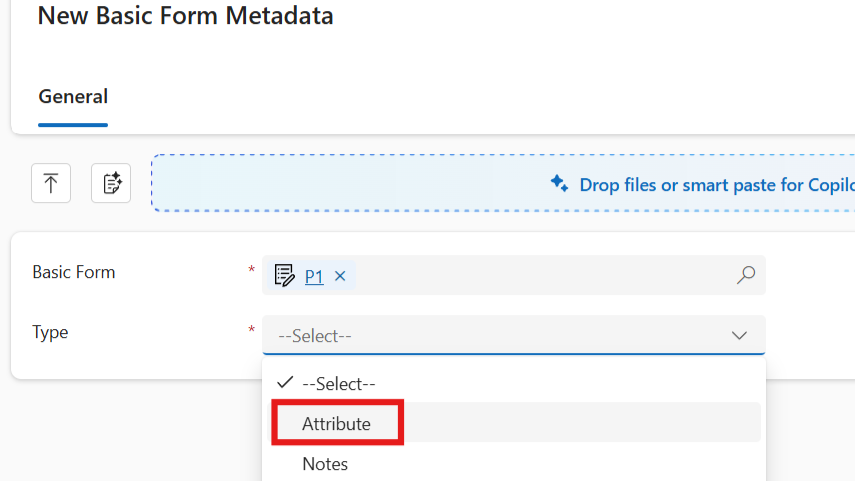 Basic form metadata Type field set to Attribute