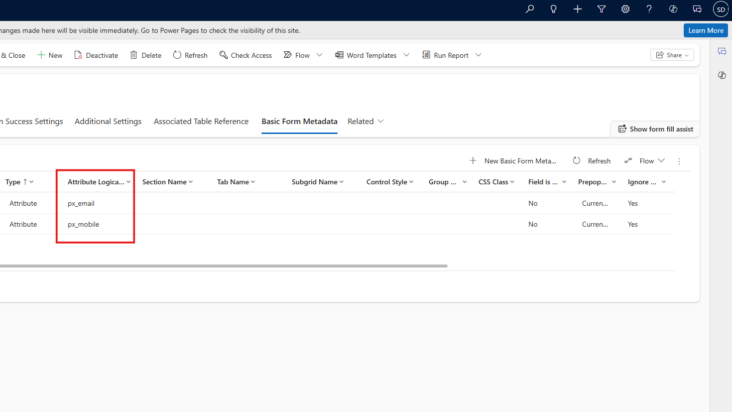List of multiple basic form metadata entries, one per field to be auto-populated