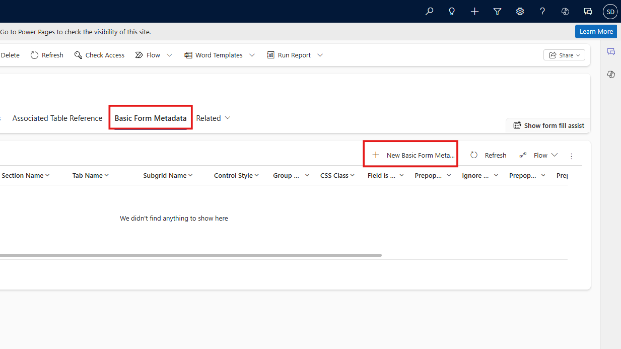 New Basic Form Metadata button used to create a metadata entry for the form