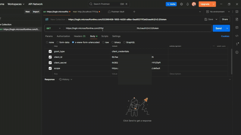 Postman request configured with OAuth 2.0 client credentials to generate an access token