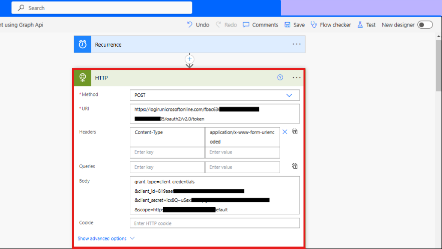 Power Automate flow using an HTTP connector to generate a Dataverse access token from app registration credentials