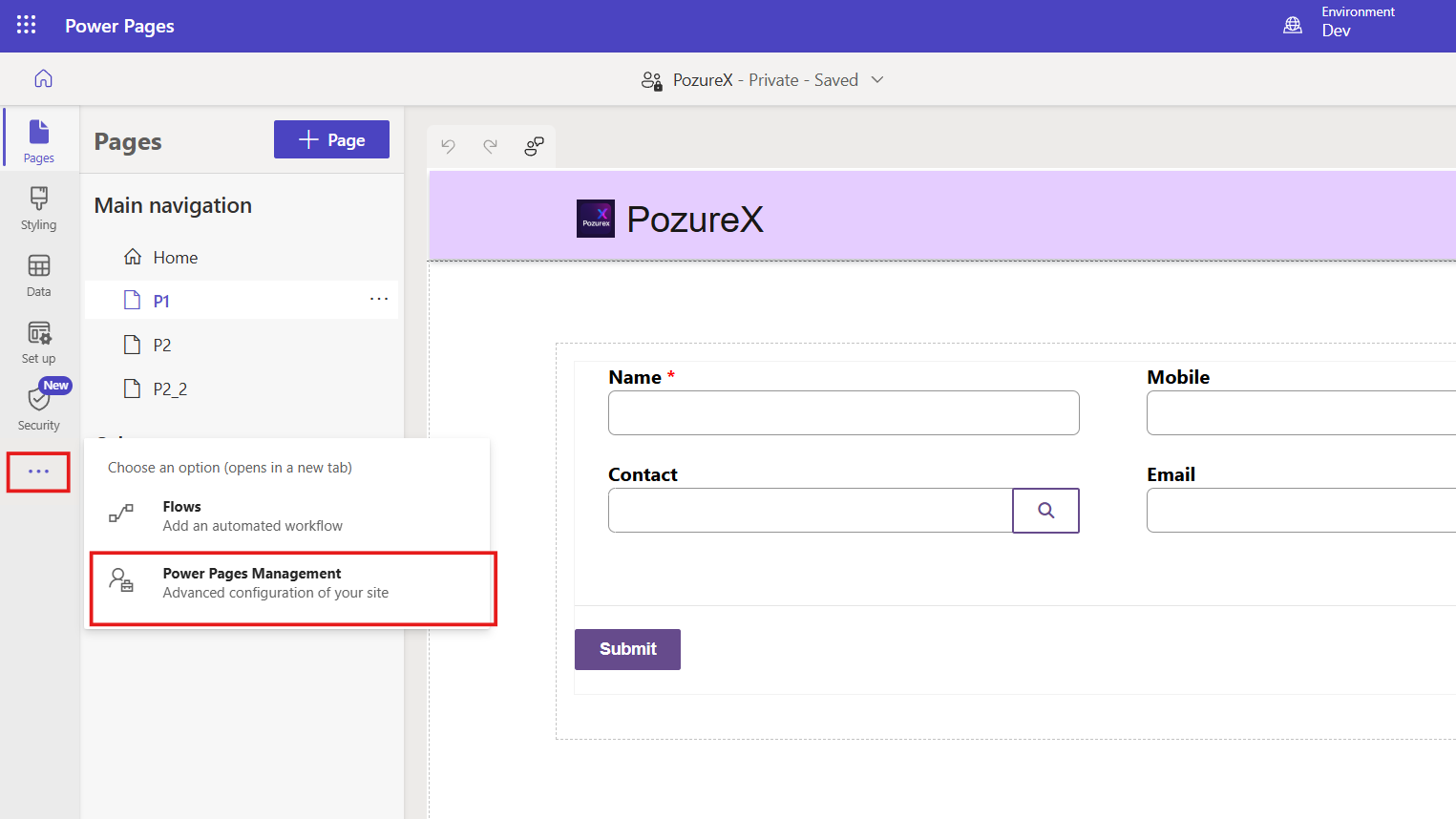 Menu in Design Studio showing the option to open the Power Pages Management app