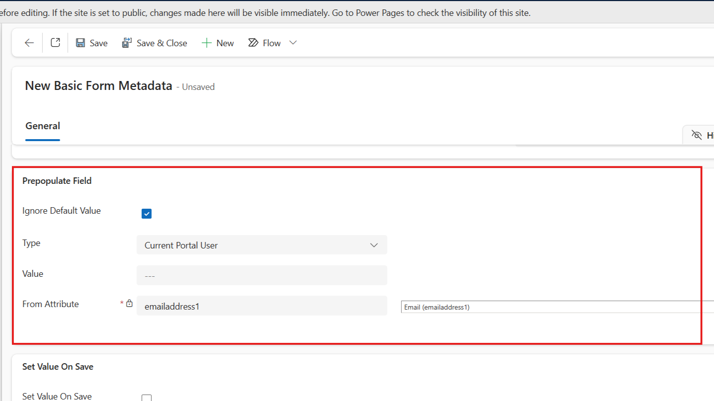 Prepopulate configuration showing Ignore Default Value checked, Type set to Current Portal User, and the source Form Attribute selected