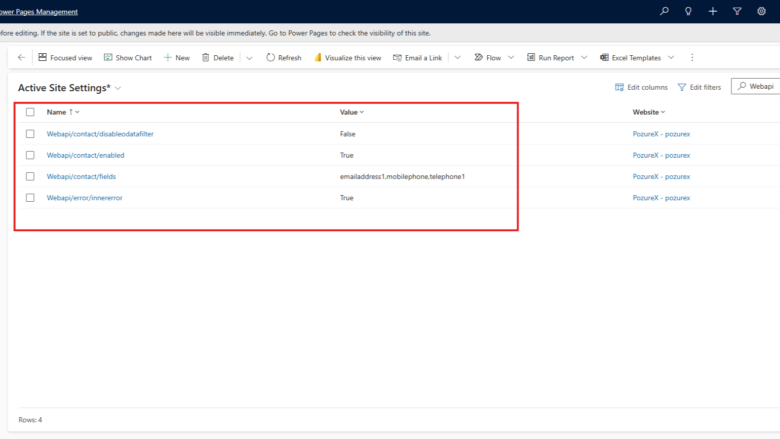 Site Settings list in the Power Pages Management app with the Web API configurations added for the contact entity