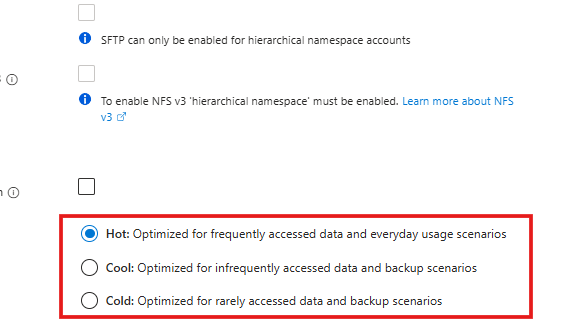 Default access tier selection showing Hot and Cool tier options