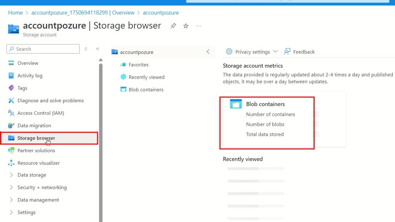 Storage browser view with the Blob containers option in the left menu