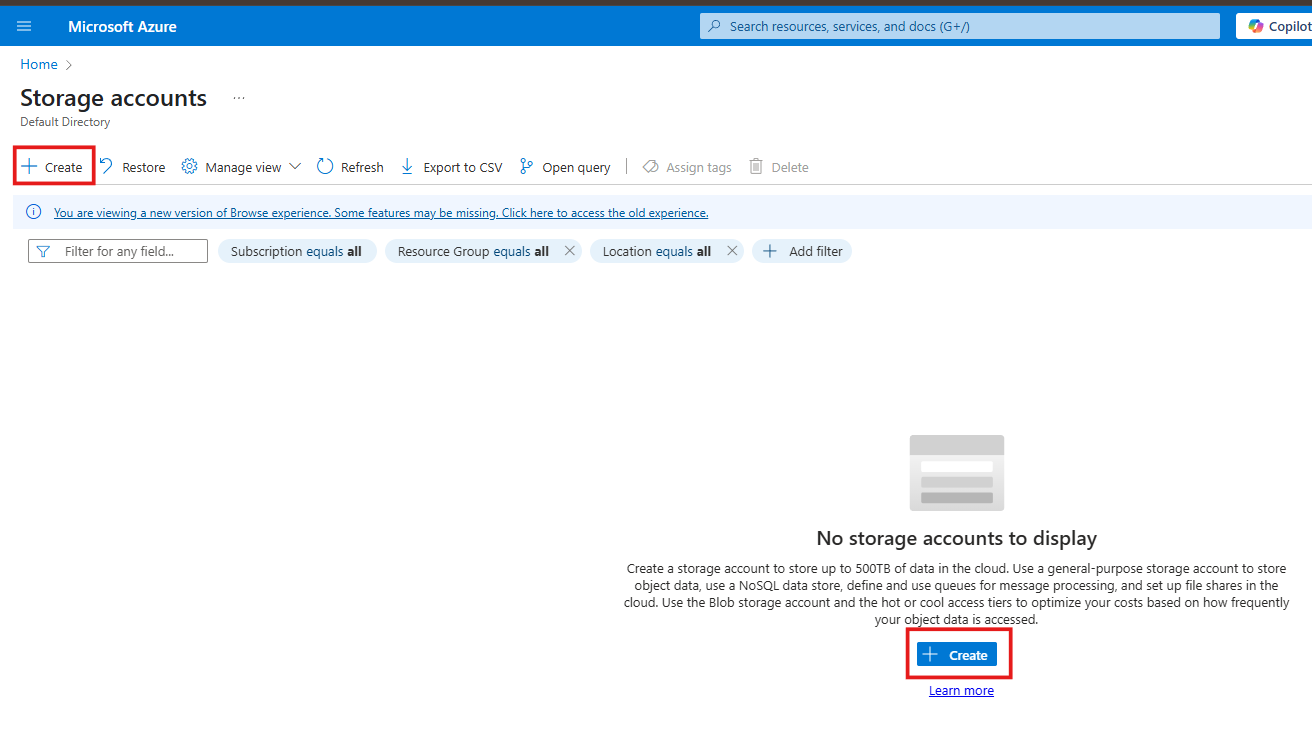 Azure Storage accounts page with the Create button to begin a new storage account