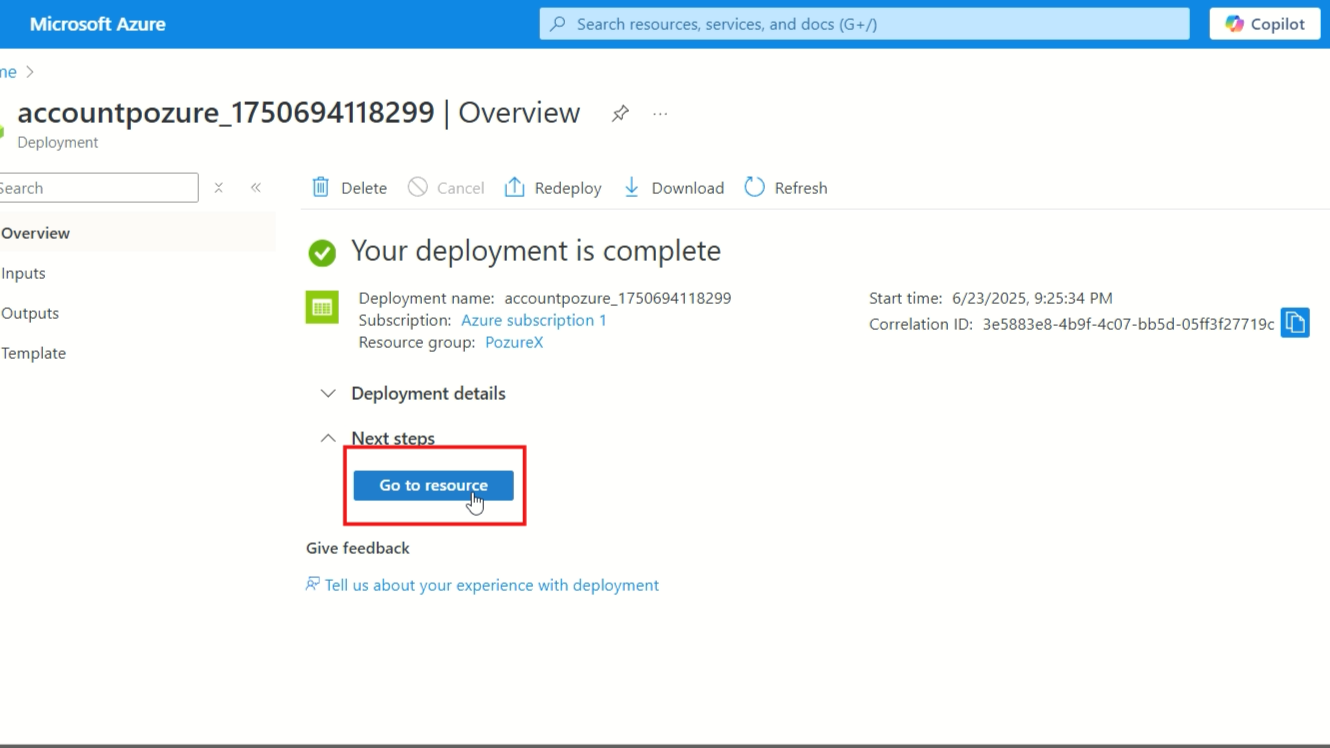 Deployment complete screen with the Go to resource button for the new storage account