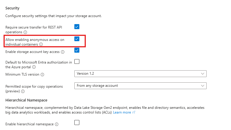 Advanced settings tab with the Allow Blob public access option for anonymous access enabled