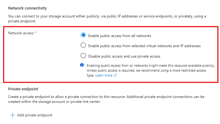 Networking tab with the Enable public access from all networks option selected