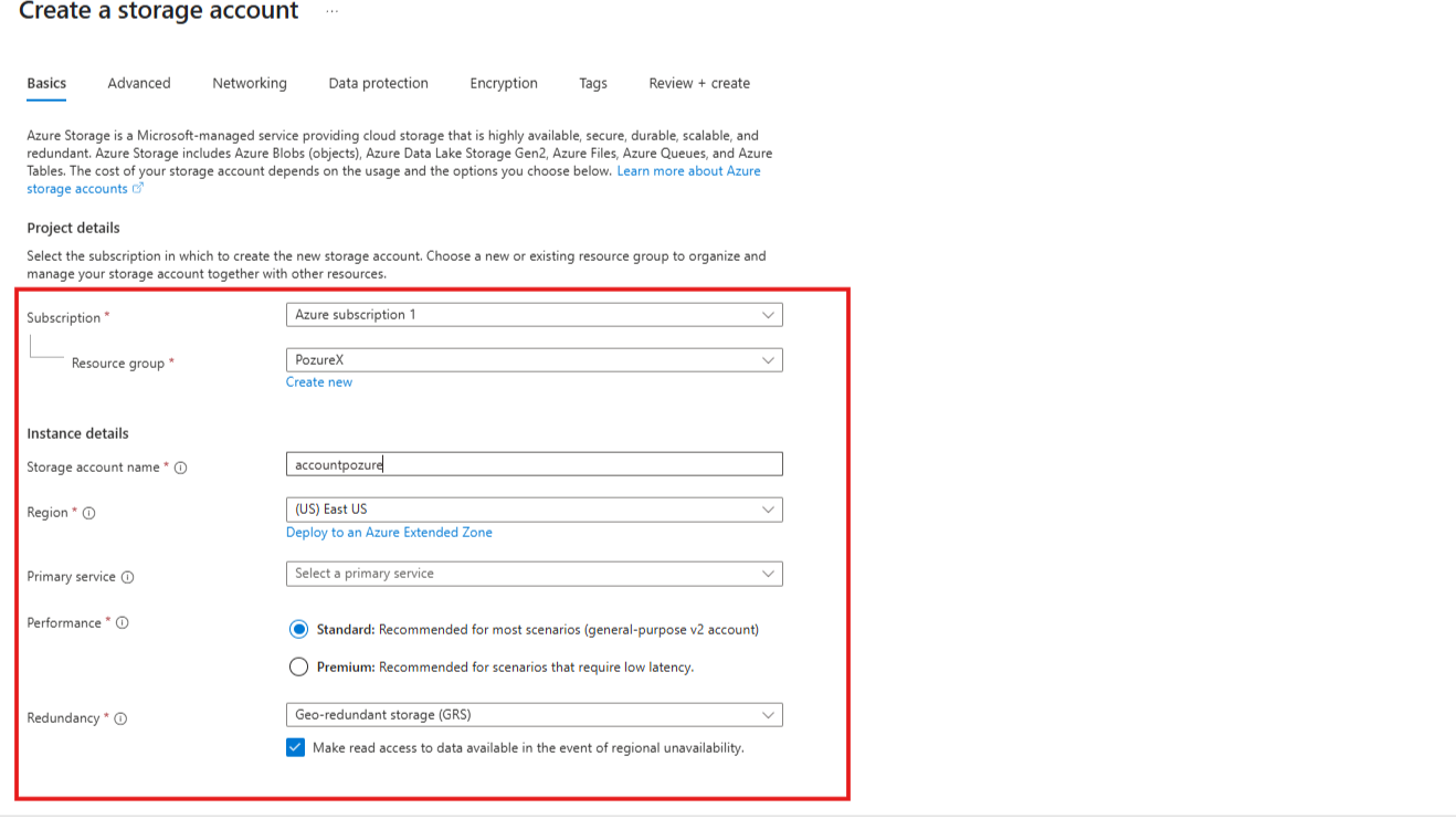 Basic settings tab for creating a storage account, showing resource group, account name, region, performance, and redundancy fields