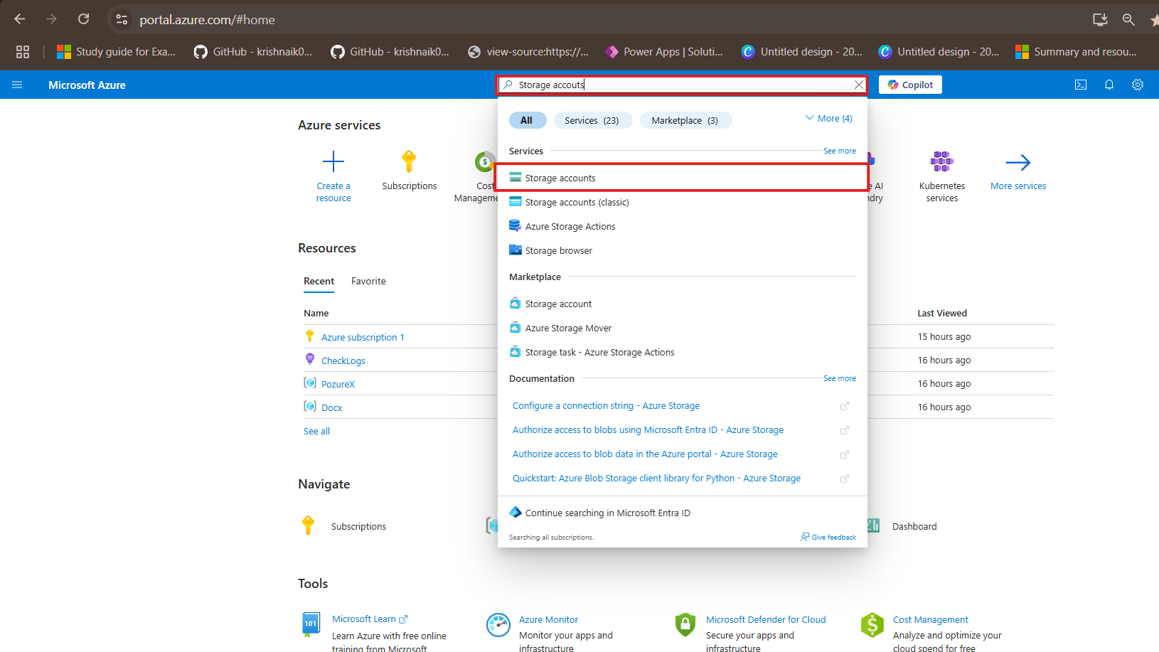 Searching for "storage account" in the Azure portal top search bar