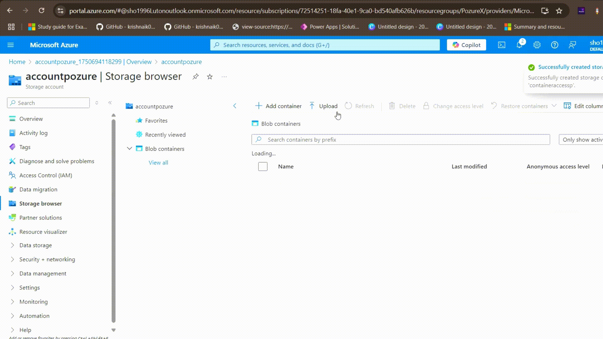 Upload panel for transferring local files into an Azure blob container
