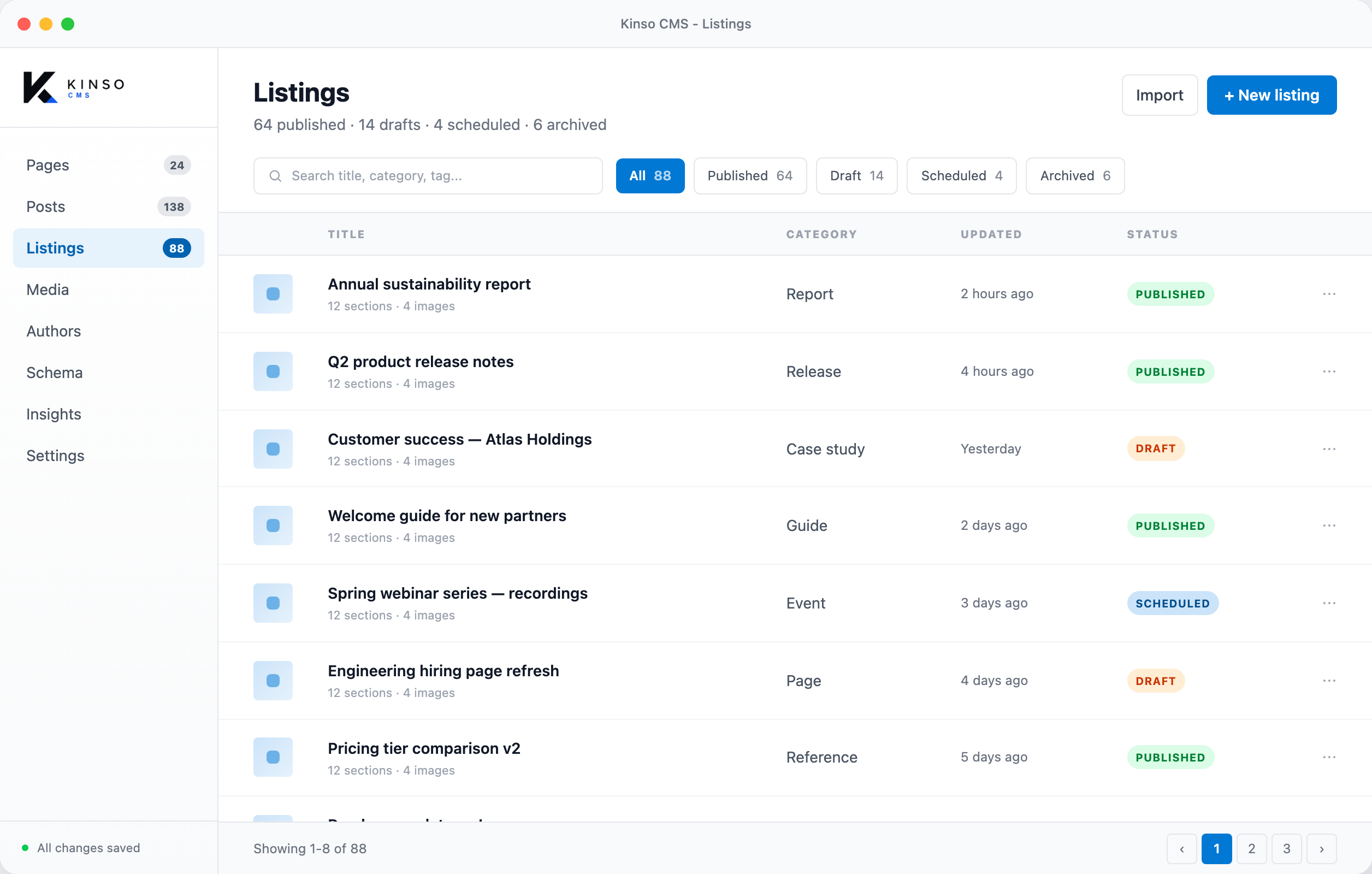 Kinso CMS structured listings