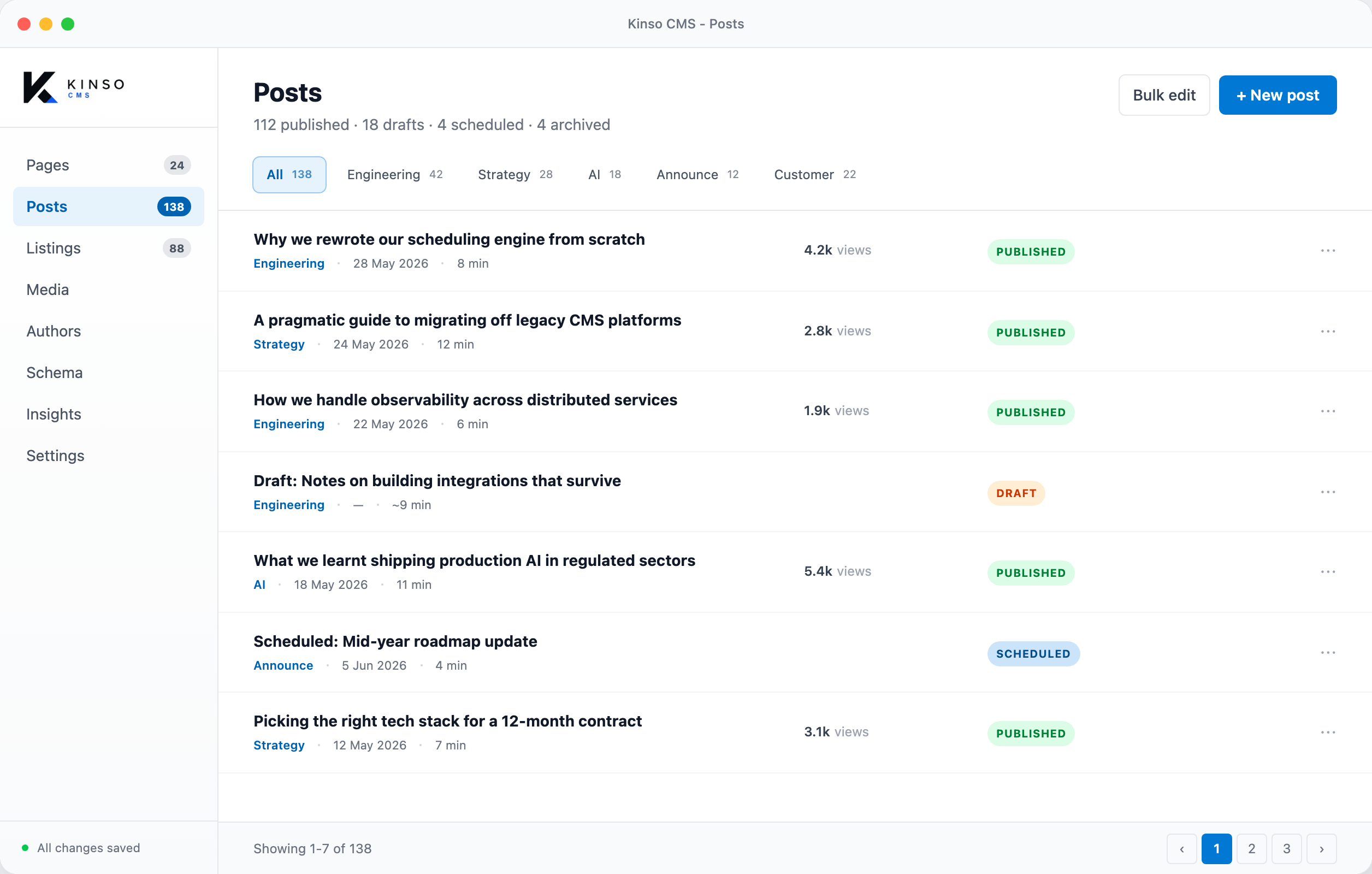 Kinso CMS posts list