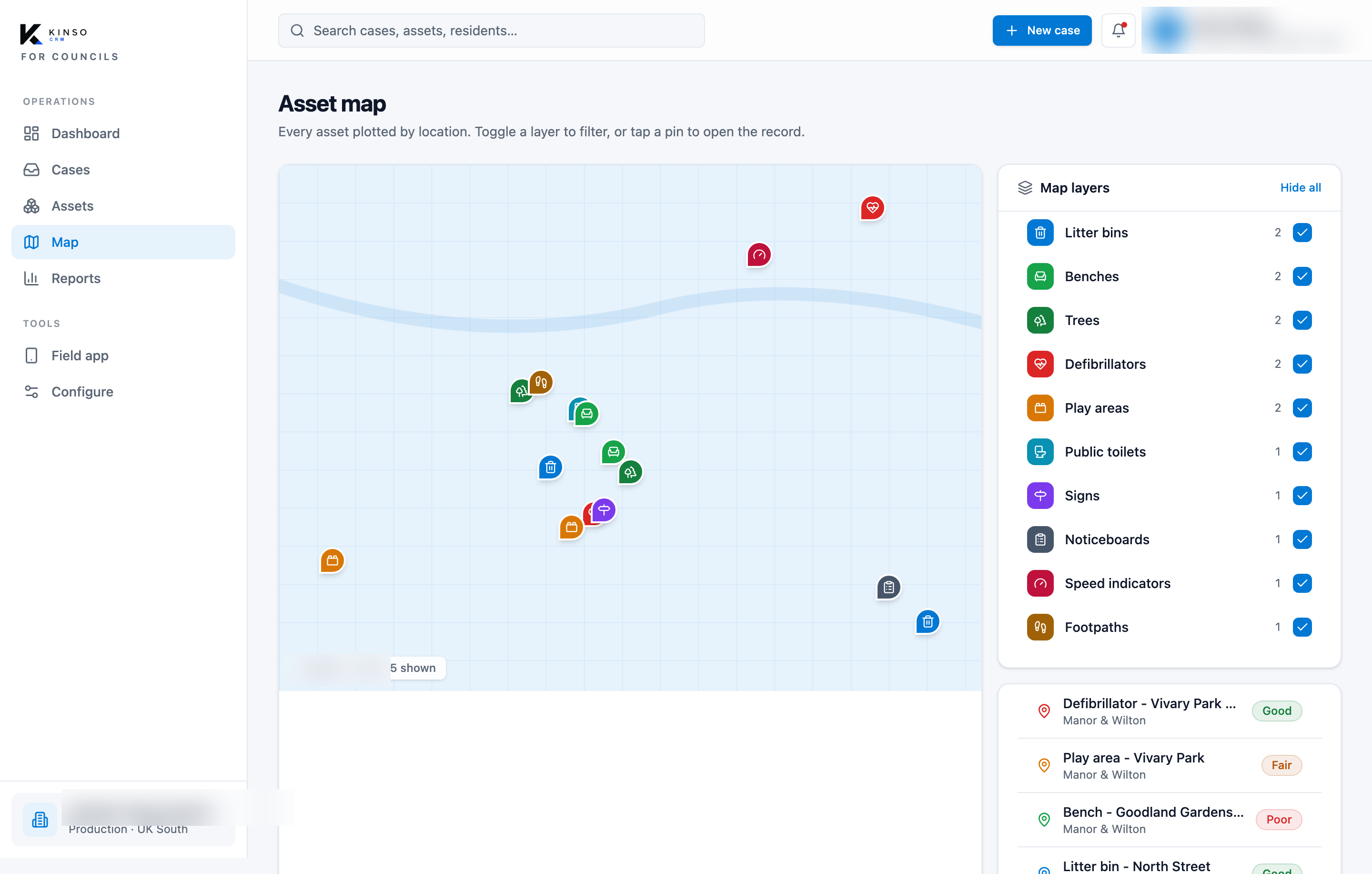 Kinso CRM for Councils map of assets and requests
