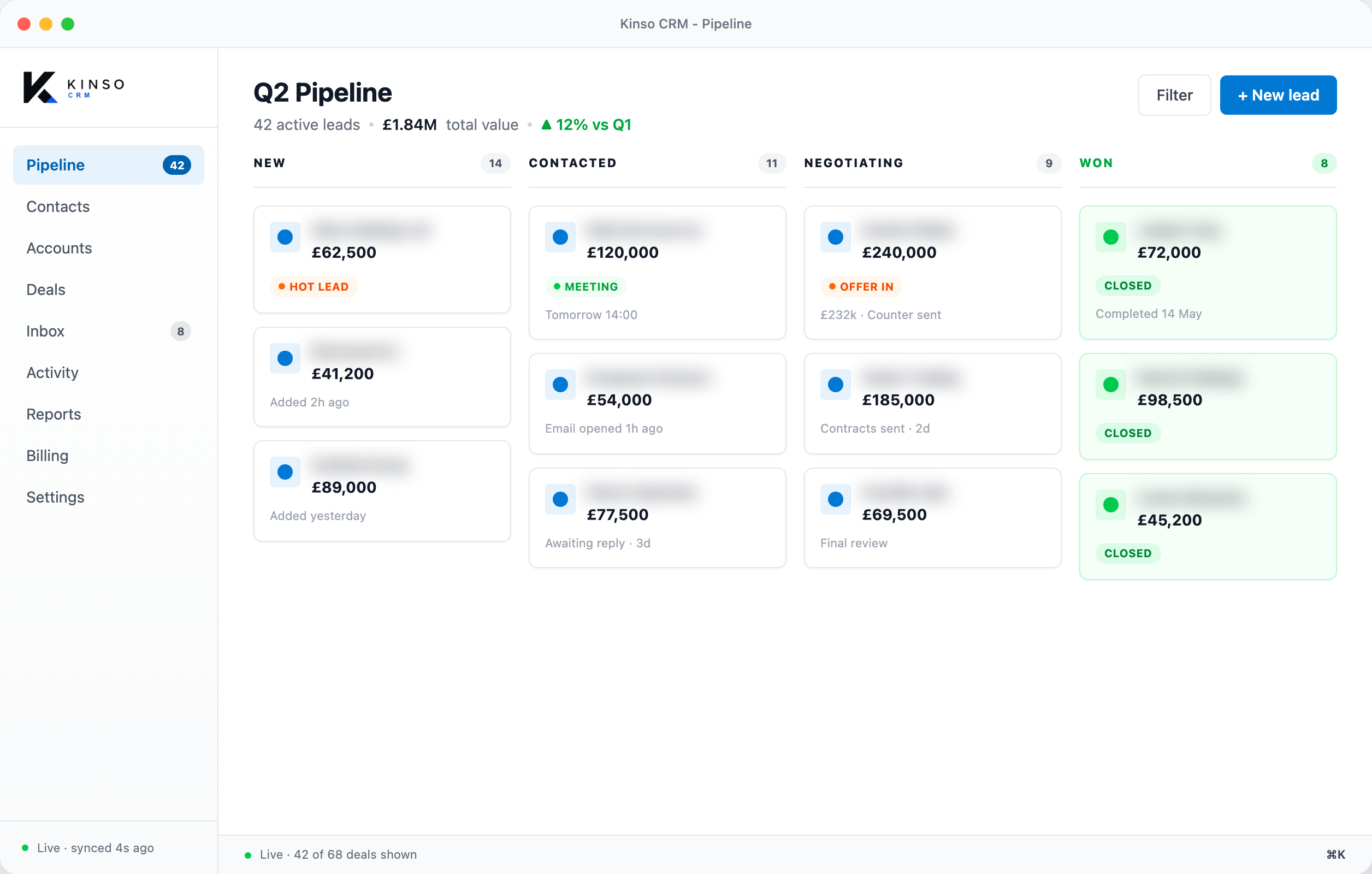 Kinso CRM pipeline board